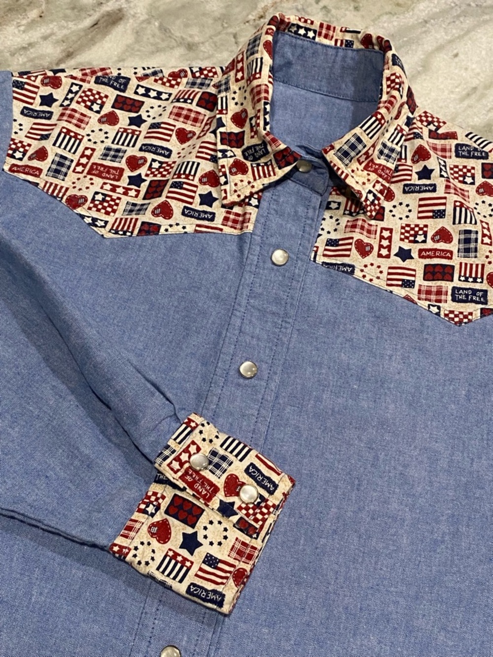 VTG 90s Americana Patriotic Western Pearl Snap Shirt Women's M/L Denim Patchwork